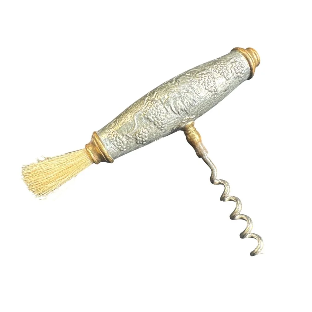 Vintage‎ Embossed Grape Vine T-Handle Corkscrew with Dusting Brush Silver Gold